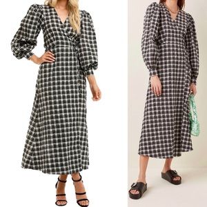 Ganni Dress Seersucker Checkered Plaid Midi Wrap Cotton-blend Sz 8 NWT